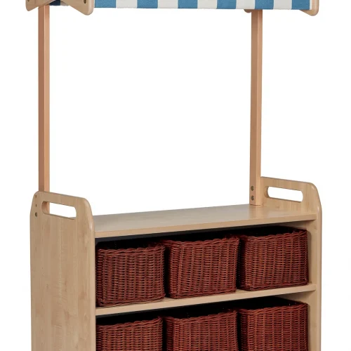 Mobile Display Shelving with Pitched Roof and 6 Storage Baskets — Millhouse Learning Toys School