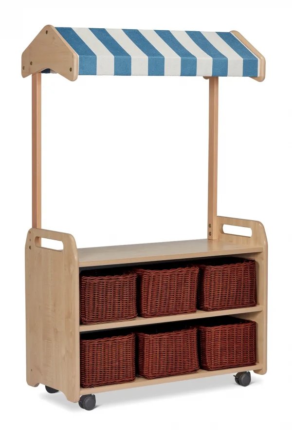 Mobile Display Shelving with Pitched Roof and 6 Storage Baskets — Millhouse Learning Toys School