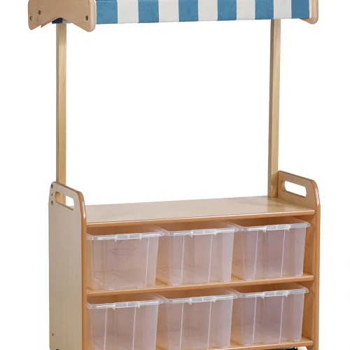 Mobile Display Shelving with Pitched Roof and 6 Transparent Storage Boxes — Millhouse Learning Toys School