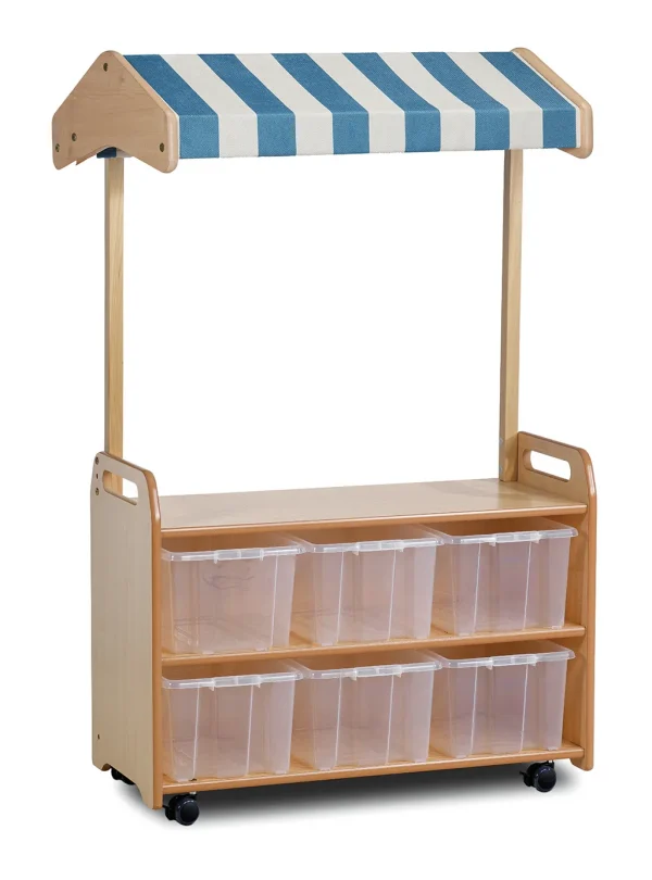 Mobile Display Shelving with Pitched Roof and 6 Transparent Storage Boxes — Millhouse Learning Toys School
