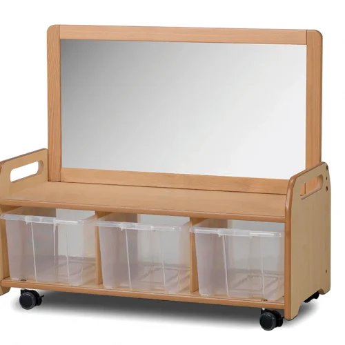 Mobile mirrored storage unit with 3 clear containers — Millhouse Educational Play School