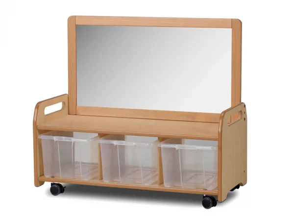 Mobile mirrored storage unit with 3 clear containers — Millhouse Educational Play School