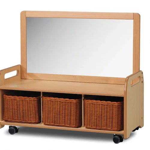 Mobile mirrored storage unit with 3 baskets — Millhouse Educational Play School