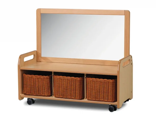 Mobile mirrored storage unit with 3 baskets — Millhouse Educational Play School