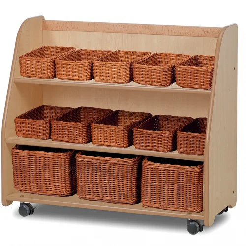 Mobile Tiered Shelving with Mirror Back and Baskets — Millhouse Learning Toys School