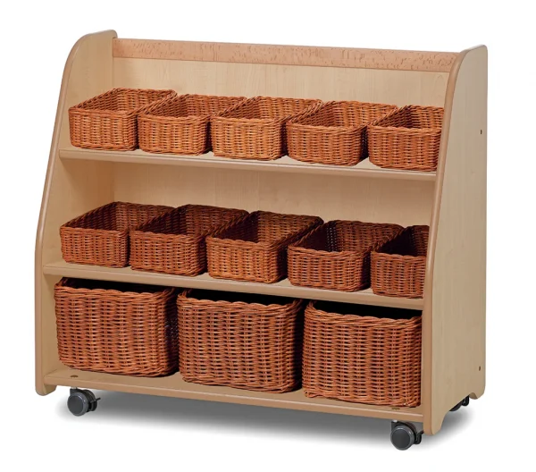 Mobile Tiered Shelving with Mirror Back and Baskets — Millhouse Learning Toys School