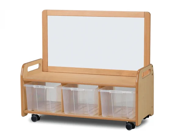 Mobile magnetic storage system with 3 clear containers — Millhouse Educational Play School