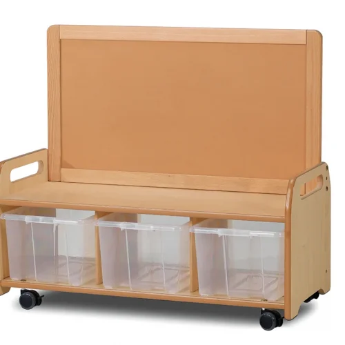Mobile low-level storage system with 3 clear containers — Millhouse Educational Play School