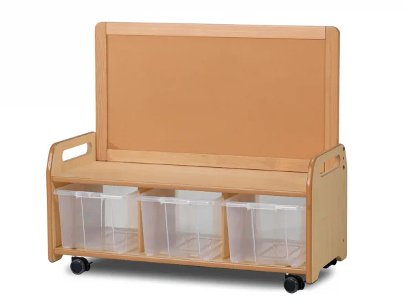 Mobile low-level storage system with 3 clear containers — Millhouse Educational Play School