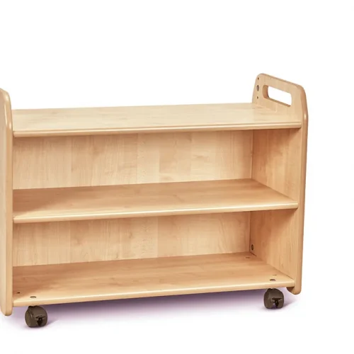 Mobile shelf unit with display case and mirrored back panel (empty) — Millhouse Educational Play School