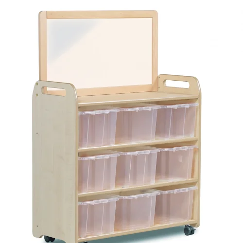 Mobile Shelving System with Mounted Mirror and 9 Clear Containers — Millhouse Learning Toys School