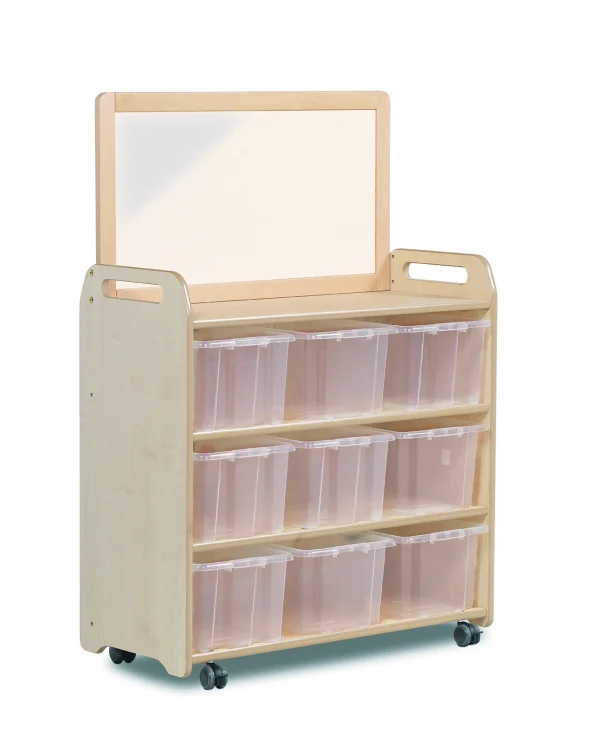 Mobile Shelving System with Mounted Mirror and 9 Clear Containers — Millhouse Learning Toys School