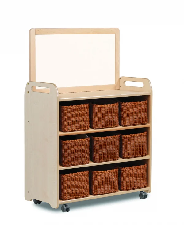 Mobile Shelving System with Magnetic Whiteboard Top and 9 Baskets — Millhouse Learning Toys School