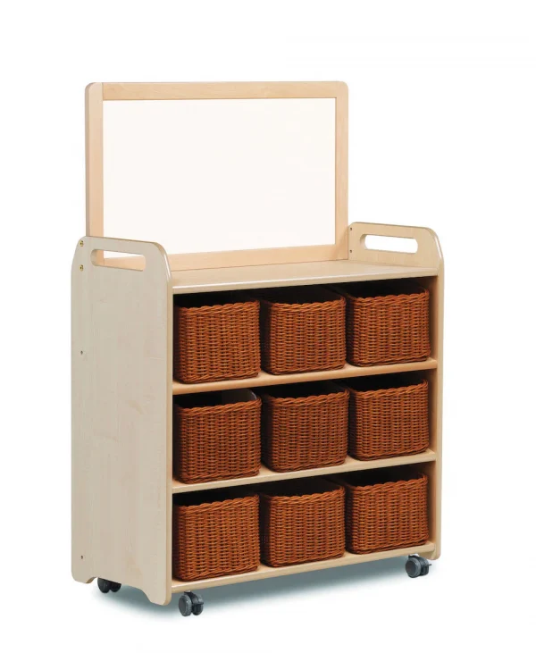 Mobile Shelving System with Magnetic Whiteboard Top and 9 Clear Containers — Millhouse Learning Toys School