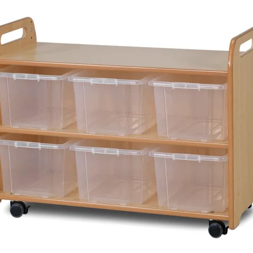 Mobile shelving system with display case, mirrored back panel and 6 clear containers — Millhouse Educational Play School