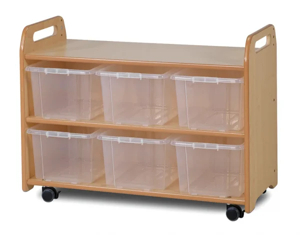 Mobile shelving system with display case, mirrored back panel and 6 clear containers — Millhouse Educational Play School
