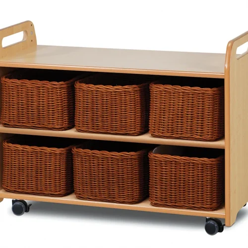 Mobile shelving system with display case, mirrored back panel and 6 baskets — Millhouse Educational Play School