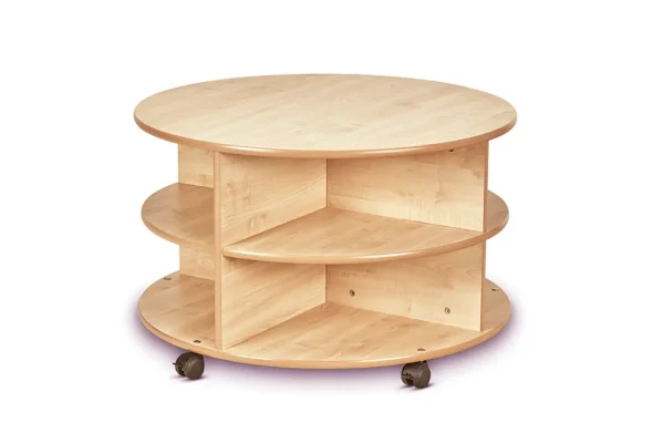 Mobile round shelving unit – two-tier (empty) — Millhouse learning toy school