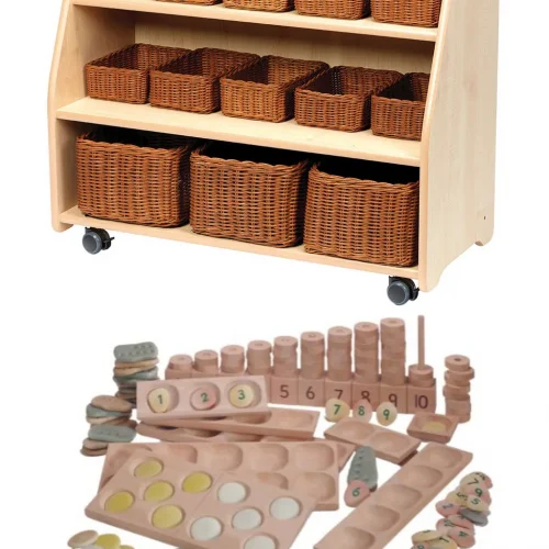 Mobile Tiered Shelving with Mirror Back, Baskets and PT1146 Small Parts Set — Millhouse Learning Toys School