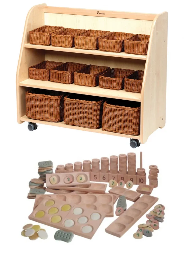 Mobile Tiered Shelving with Mirror Back, Baskets and PT1146 Small Parts Set — Millhouse Learning Toys School