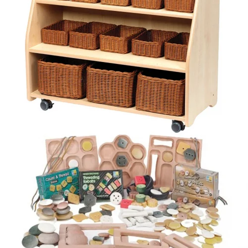 Mobile Tiered Shelving with Mirror Back, Baskets and PT1145 Indoor Maths Set — Millhouse Learning Toys School