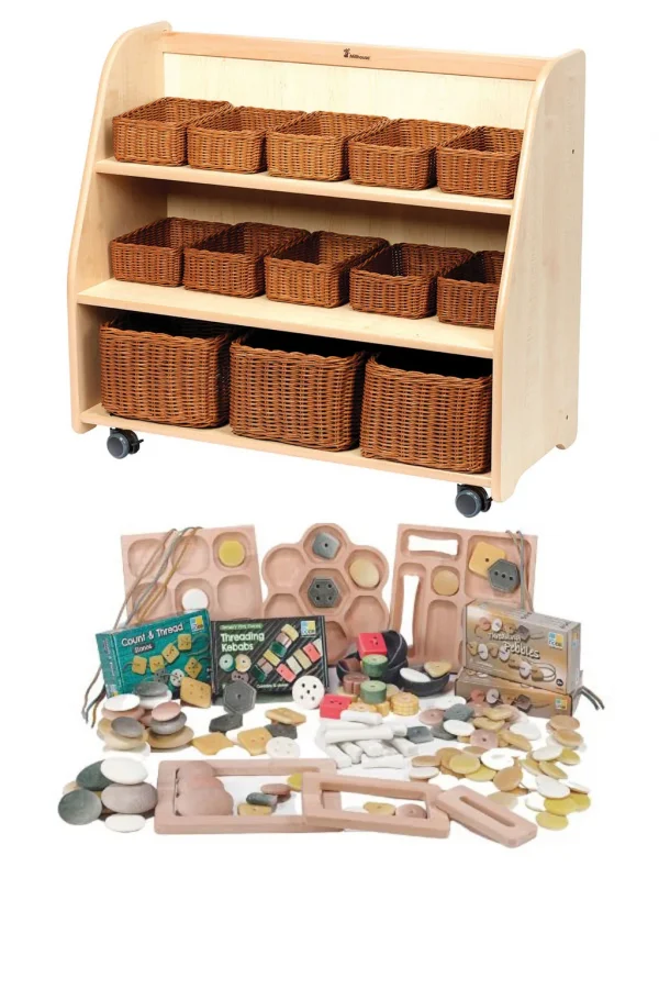Mobile Tiered Shelving with Mirror Back, Baskets and PT1145 Indoor Maths Set — Millhouse Learning Toys School