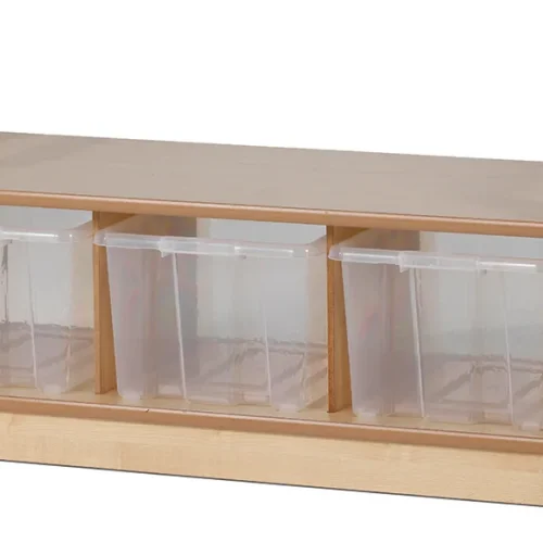 Low-level storage bench with 3 clear containers — Millhouse Educational Play School