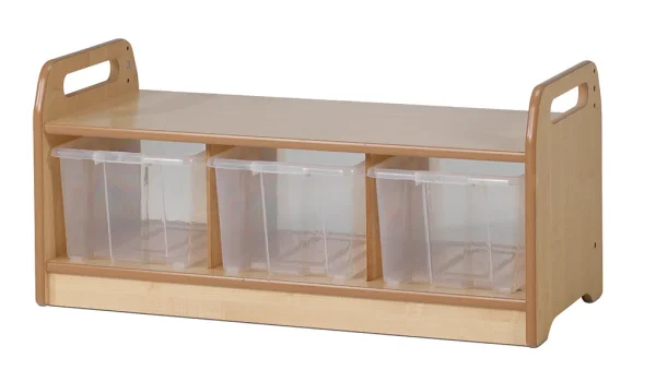 Low-level storage bench with 3 clear containers — Millhouse Educational Play School