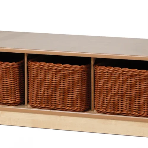 Low-level storage bench with 3 baskets — Millhouse Educational Play School