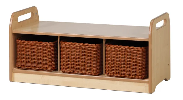 Low-level storage bench with 3 baskets — Millhouse Educational Play School