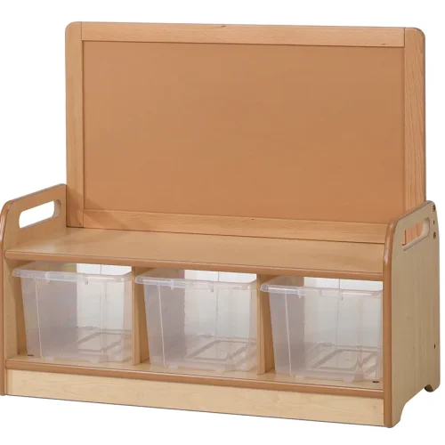 Low-level storage unit with 3 clear containers — Millhouse Educational Play School