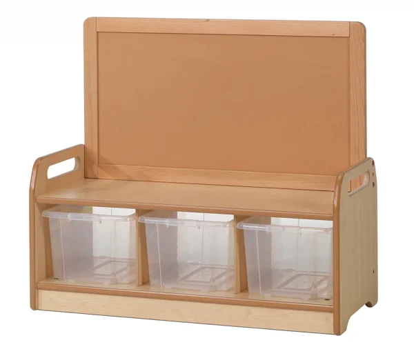 Low-level storage unit with 3 clear containers — Millhouse Educational Play School