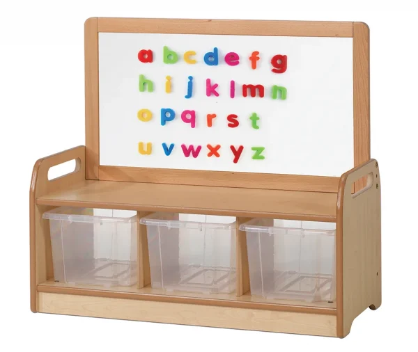 Low-level magnetic storage unit with 3 clear containers — Millhouse Educational Play School