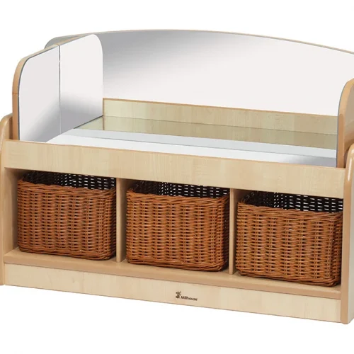 Low-level sensory play station with mirror frame and 3 storage baskets — Millhouse learning toy school