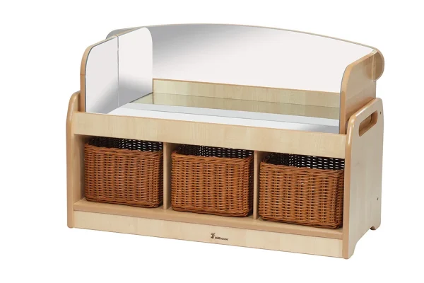 Low-level sensory play station with mirror frame and 3 storage baskets — Millhouse learning toy school