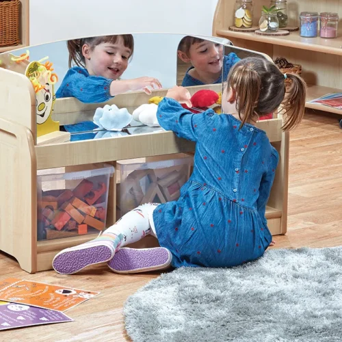 Low-level sensory play station with mirror frame and 3 transparent boxes — Millhouse learning toy school