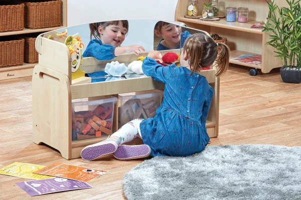 Low-level sensory play station with mirror frame and 3 transparent boxes — Millhouse learning toy school