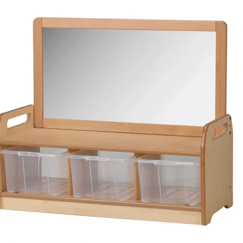 Low-level mirrored storage unit with 3 clear containers — Millhouse Educational Play School