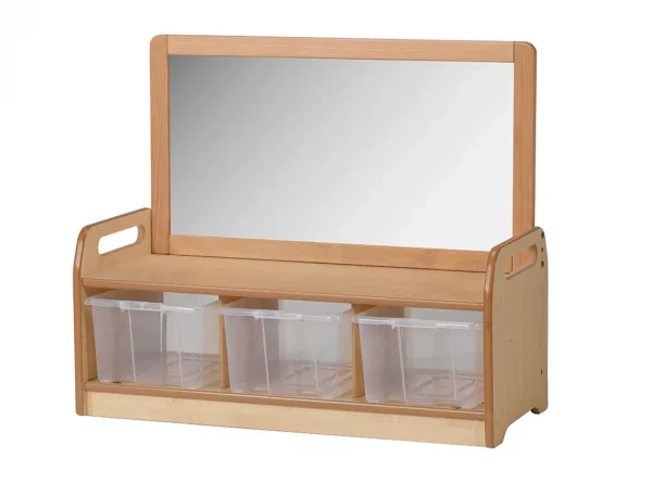Low-level mirrored storage unit with 3 clear containers — Millhouse Educational Play School