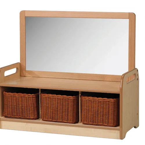 Low-level mirrored storage unit with 3 baskets — Millhouse Educational Play School