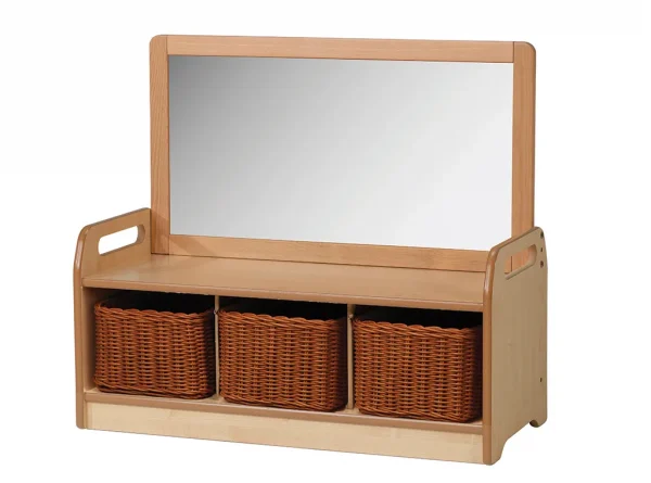 Low-level mirrored storage unit with 3 baskets — Millhouse Educational Play School