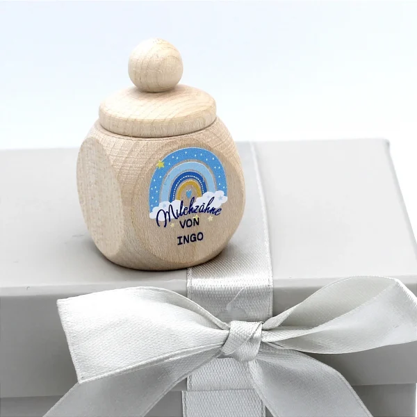 Personalised Rainbow Blue Baby Tooth Box with Your Name — Kiki-Ena Craft Materials Natural Wood