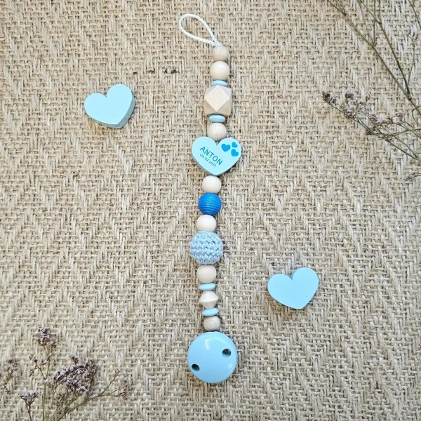 Personalised dummy chain wooden beads "Heart" baby blue craft kit — Kiki-Ena craft materials natural wood