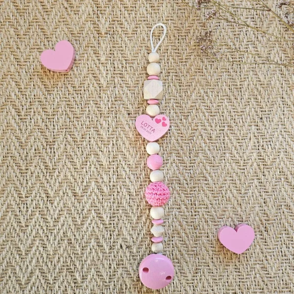 Personalised Wooden Beads Dummy Chain 'Heart' Baby Pink Craft Kit — Kiki-Ena Craft Materials Natural Wood