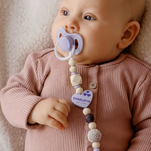 Personalised dummy chain wooden beads "Heart" lilac craft kit — Kiki-Ena craft materials natural wood