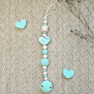 Personalised dummy chain wooden beads "Heart" mint craft kit — Kiki-Ena craft materials natural wood