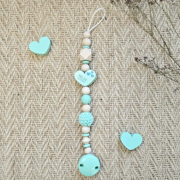 Personalised dummy chain wooden beads "Heart" mint craft kit — Kiki-Ena craft materials natural wood