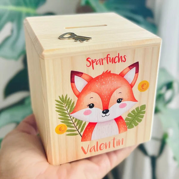 Personalised Money Box 'Saving Fox' — Kiki-Ena Craft Materials Natural Wood