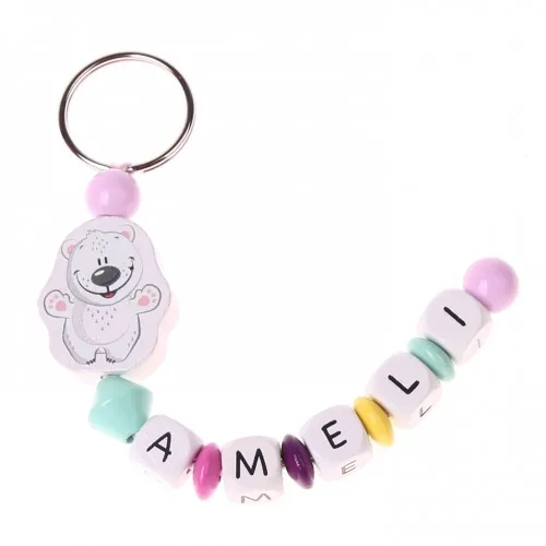 Personalised Wooden Bead Keyring Polar Bear Pink • Craft Kit — Kiki-Ena Natural Wood Craft Materials