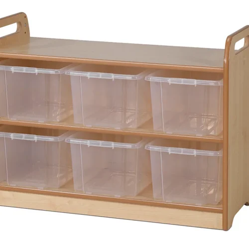 Shelf unit with display case, mirrored back panel and 6 clear containers — Millhouse Educational Play School